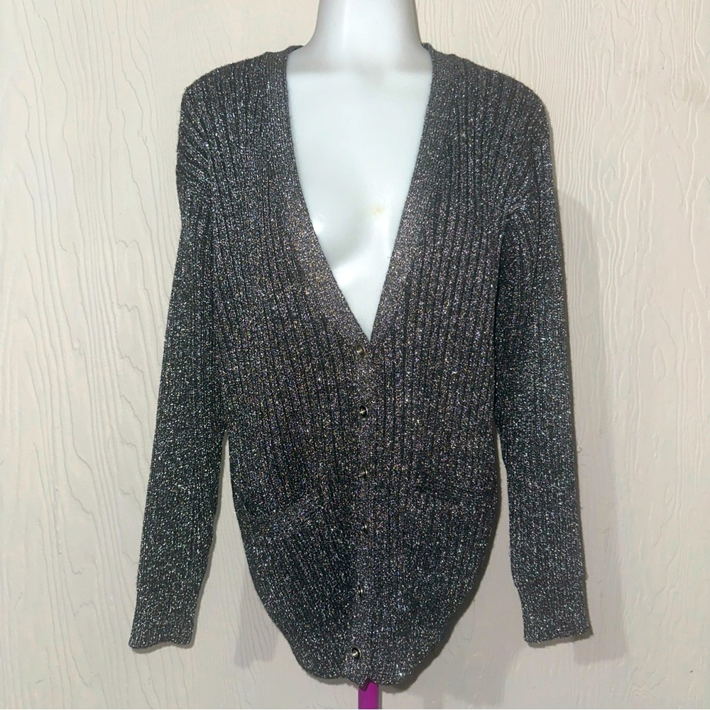 Adrienne Vittadini Sweater Cardigan Open Gray Glitter Size Small Acrylic Blend